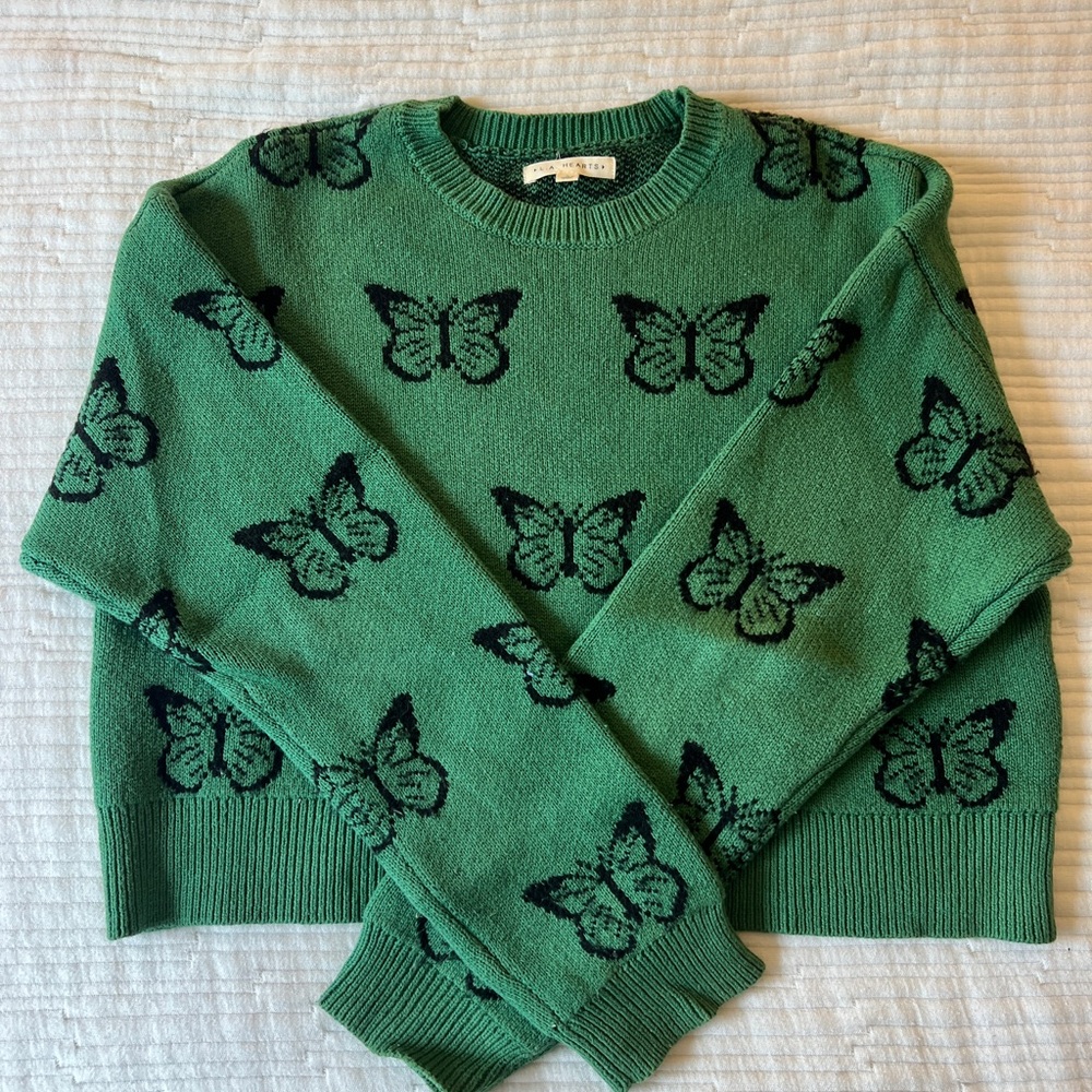 La Hearts Green Sweater with Black Butterfly Design